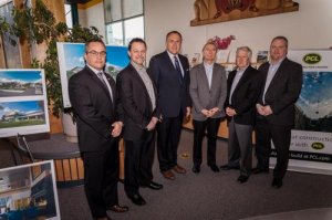 (L-R) Health and Social Services Minister Mike Nixon, PCL operations manager Wayne Bilawchuk, Premier Darrell Pasloski, Derek Crawford of Derek Crawford Architect Incorporated, Bill Locking of CEI Architecture, PCL senior manager Chris Rasmussen.
